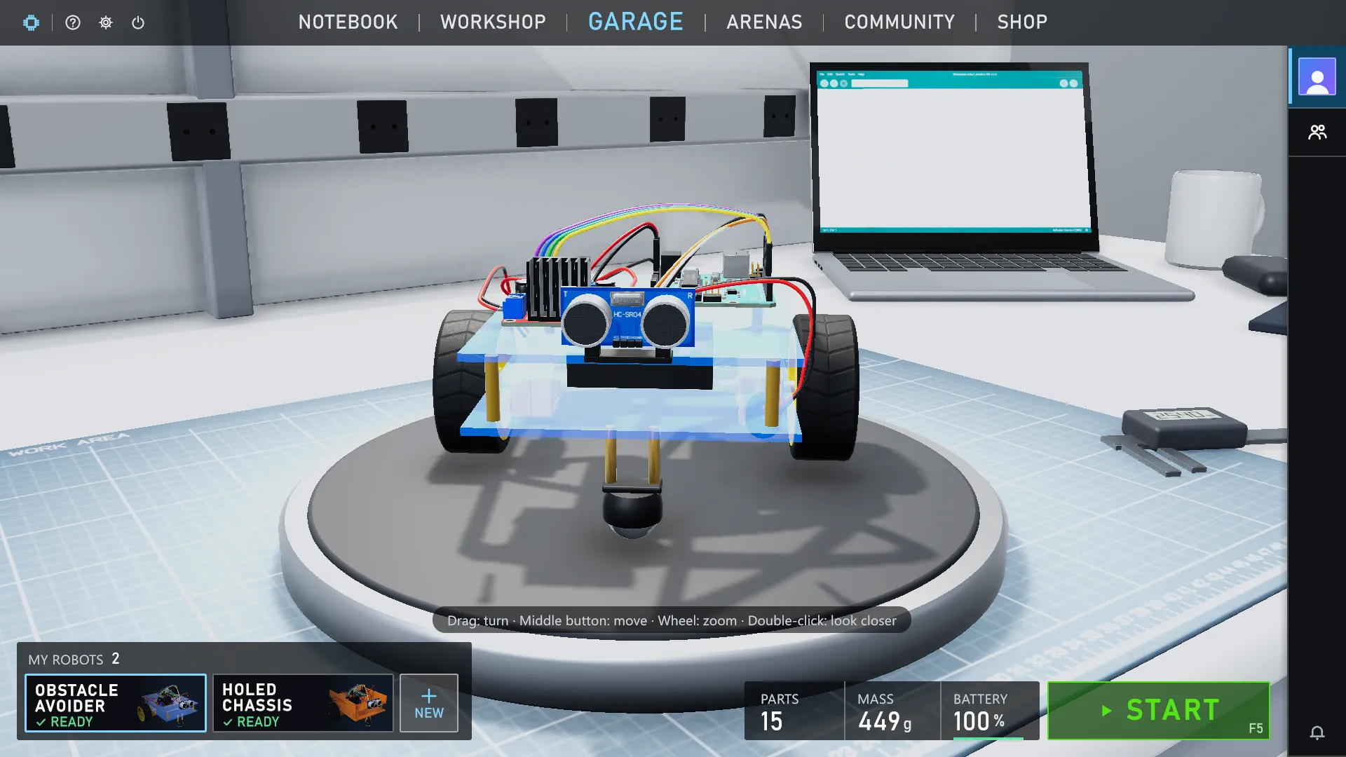 CoreEngine simulyatori: garajdagi ultratovush sensorli ikki gʻildirakli robot
